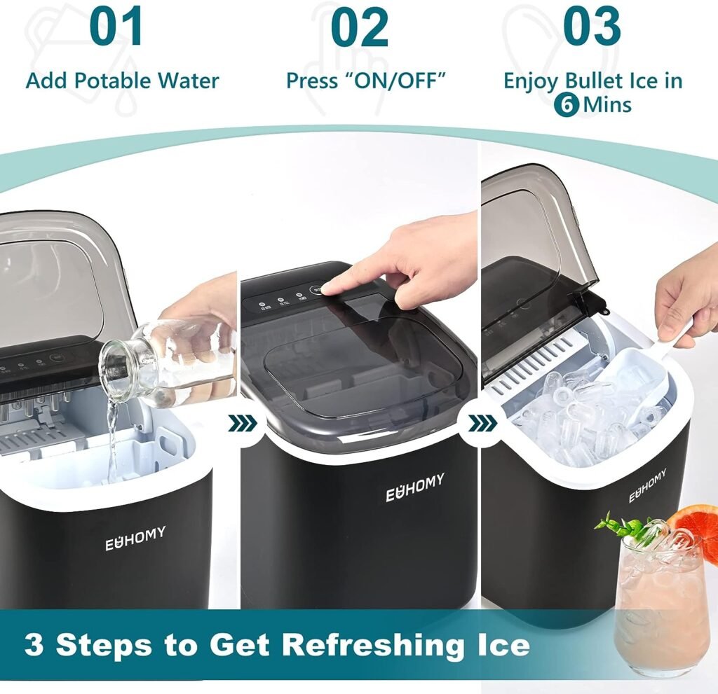 EUHOMY Countertop Ice Maker Machine with Handle, 26lbs in 24Hrs, 9 Ice Cubes Ready in 6 Mins, Auto-Cleaning Portable Ice Maker with Basket and Scoop, for Home/Kitchen/Camping/RV. (Black)