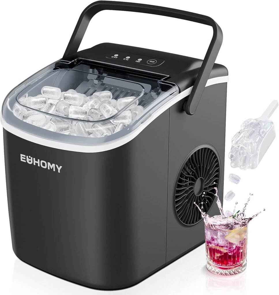 EUHOMY Countertop Ice Maker Machine with Handle, 26lbs in 24Hrs, 9 Ice Cubes Ready in 6 Mins, Auto-Cleaning Portable Ice Maker with Basket and Scoop, for Home/Kitchen/Camping/RV. (Black)