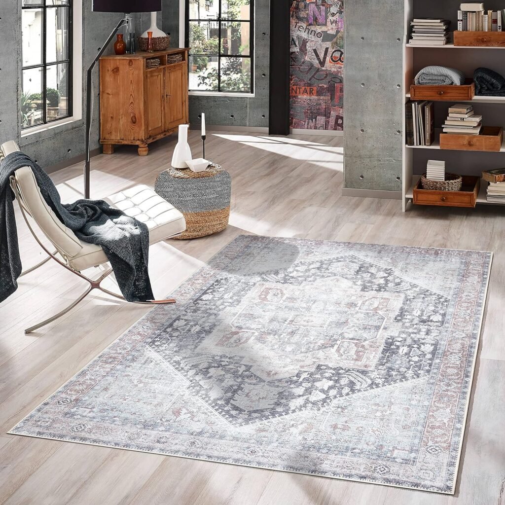 GLN Rugs Stain Resistant Machine Washable Area Rug - Vintage Boho Distressed Aesthetic - Non-Slip Backing - Indoor Floor Home Decor for Bedroom Kitchen Living  Dining Room (710 x 10)