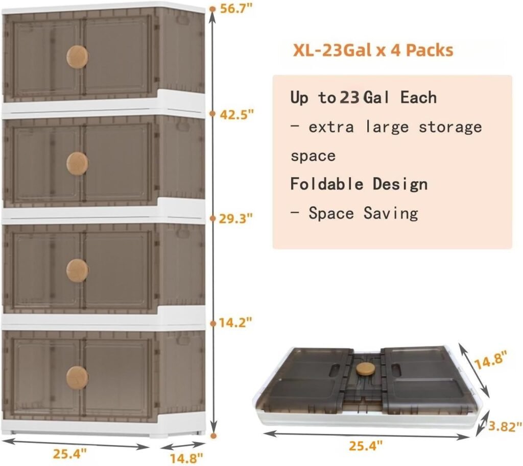 Large Storage Bins with Lids -23Gal Stackable Storage Bins with Wheels, 5 Packs Plastic Folding Storage Bins with Front Door, Collapsible Storage Bins for Closet Organizer for Home and Office Storage