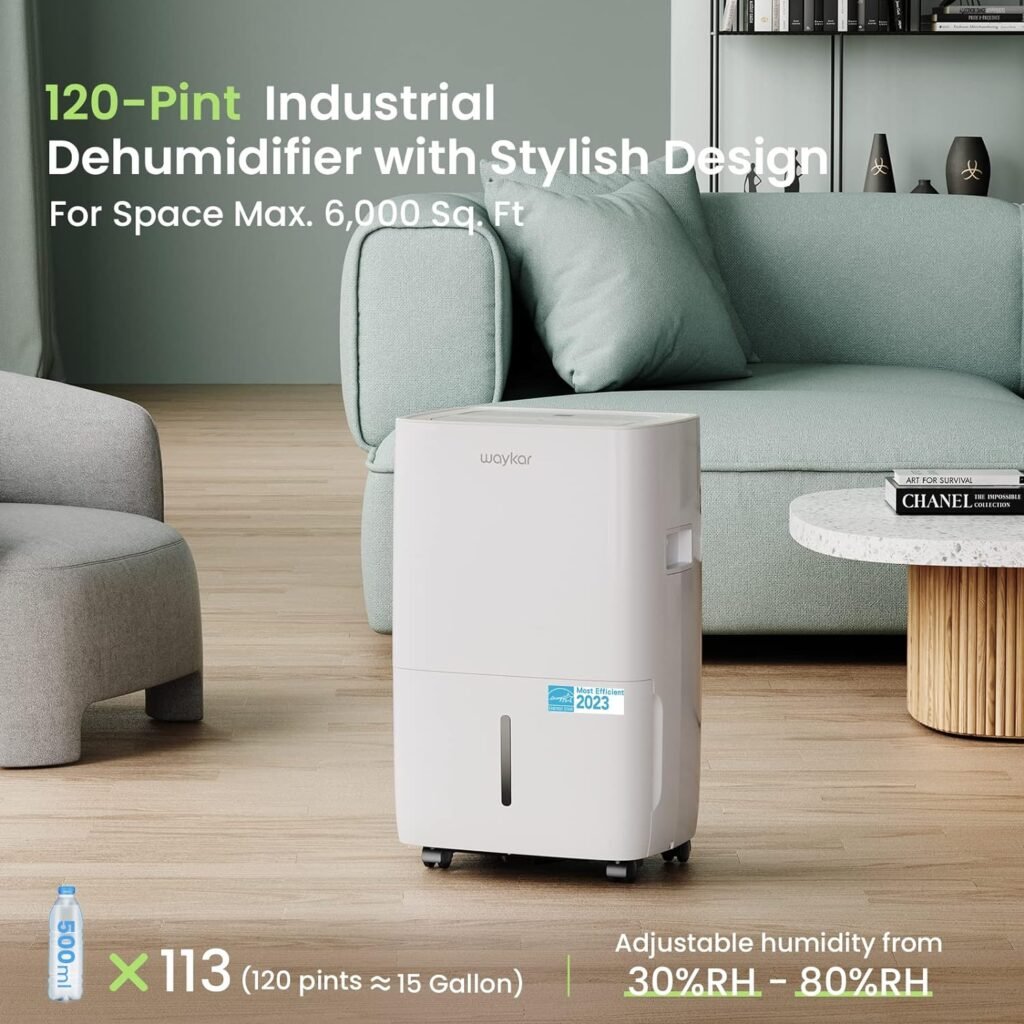 Waykar 120 Pints Energy Star Dehumidifier for Spaces up to 6,000 Sq. Ft at Home, in Basements and Large Rooms with Drain Hose and 1.14 Gallons Water Tank (JD025CE-120)