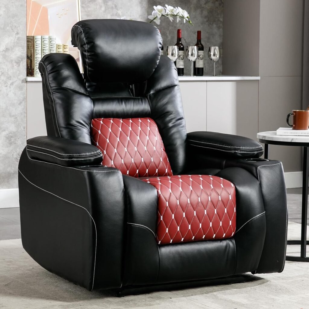 ANJ Electric Power Recliner Chair with Adjustable Powered Headrest, Faux Leather Home Theater Seating Overstuffed Reclining Furniture with USB Ports, Cup Holders, Hidden Arm Storage (Black/Red)