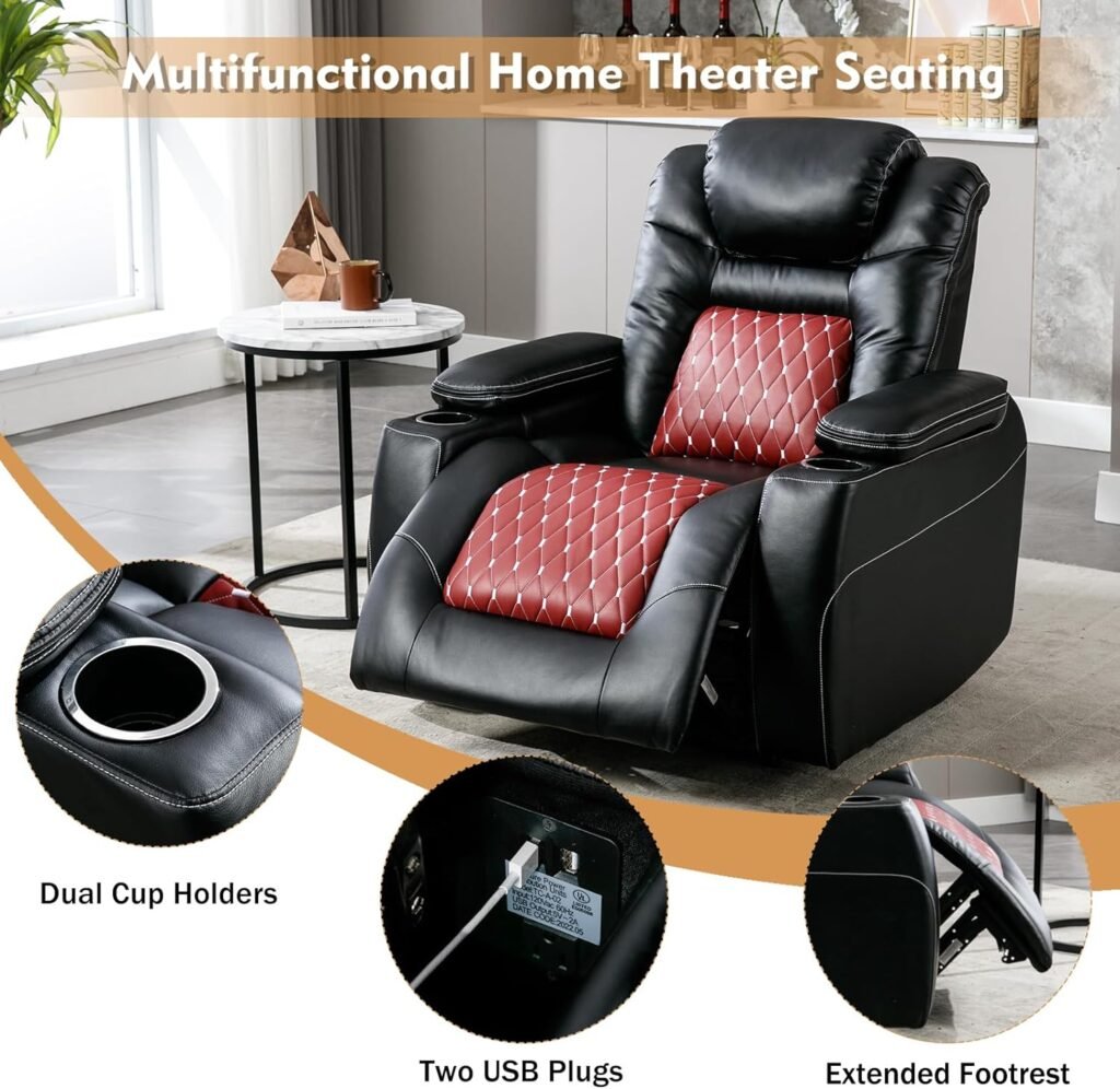 ANJ Electric Power Recliner Chair with Adjustable Powered Headrest, Faux Leather Home Theater Seating Overstuffed Reclining Furniture with USB Ports, Cup Holders, Hidden Arm Storage (Black/Red)