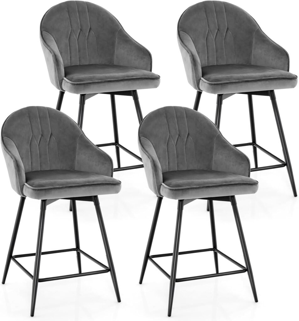 COSTWAY Bar Stools Set of 4, 360-degree Swivel Stools, 24 Counter Height Velvet Upholstery Bar Chairs with Steel Legs  Footrest, Modern Low Back Bar Chairs for Kitchen, Pub, Bistro, Grey (4, 24)