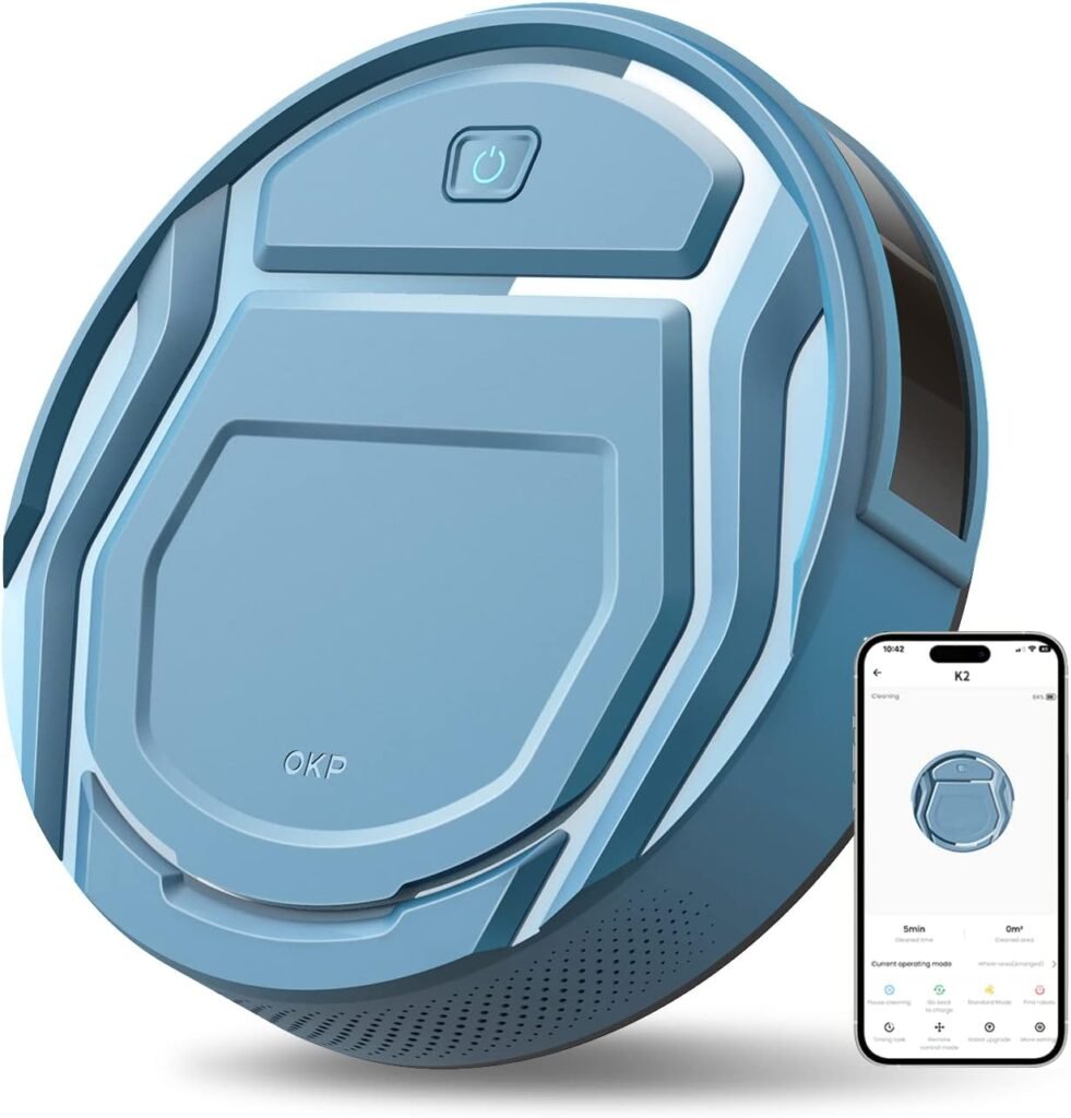 OKP Robotic Vacuum Cleaner, WiFi/App/Alexa, Efficient Filtration System, Robot Vacuum Cleaner with Schedule, Self-Charging, Slim Design, Quiet, Perfect for Hard Floors, Pet Hair, Carpets