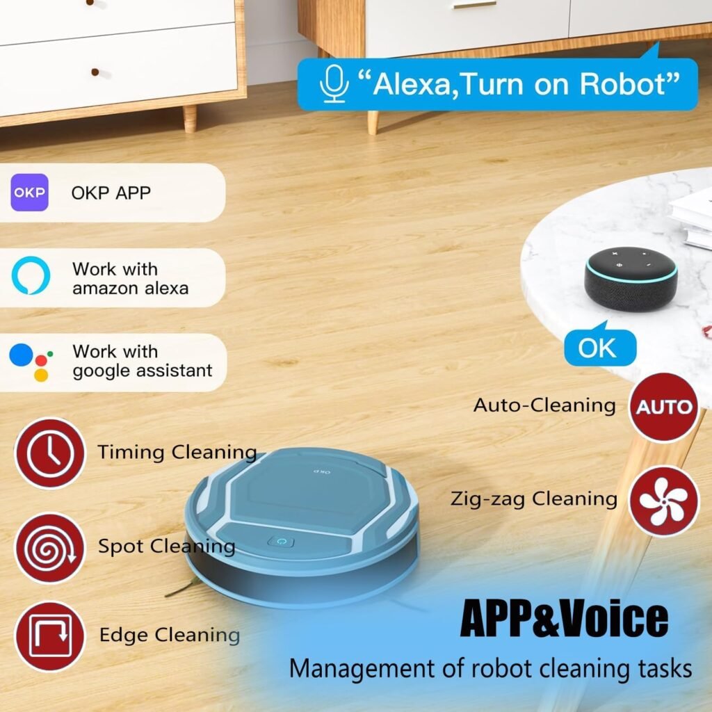 OKP Robotic Vacuum Cleaner, WiFi/App/Alexa, Efficient Filtration System, Robot Vacuum Cleaner with Schedule, Self-Charging, Slim Design, Quiet, Perfect for Hard Floors, Pet Hair, Carpets