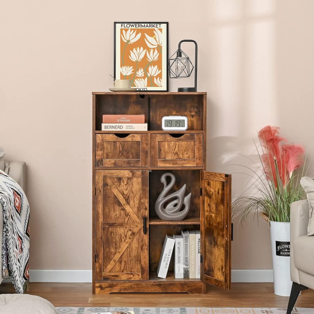 WEENFON Storage Cabinet Set, Floor Cabinet with Doors and Shelves, Coffee Bar Cabinet, for Living Room, Home Office, Kitchen, Rustic Brown