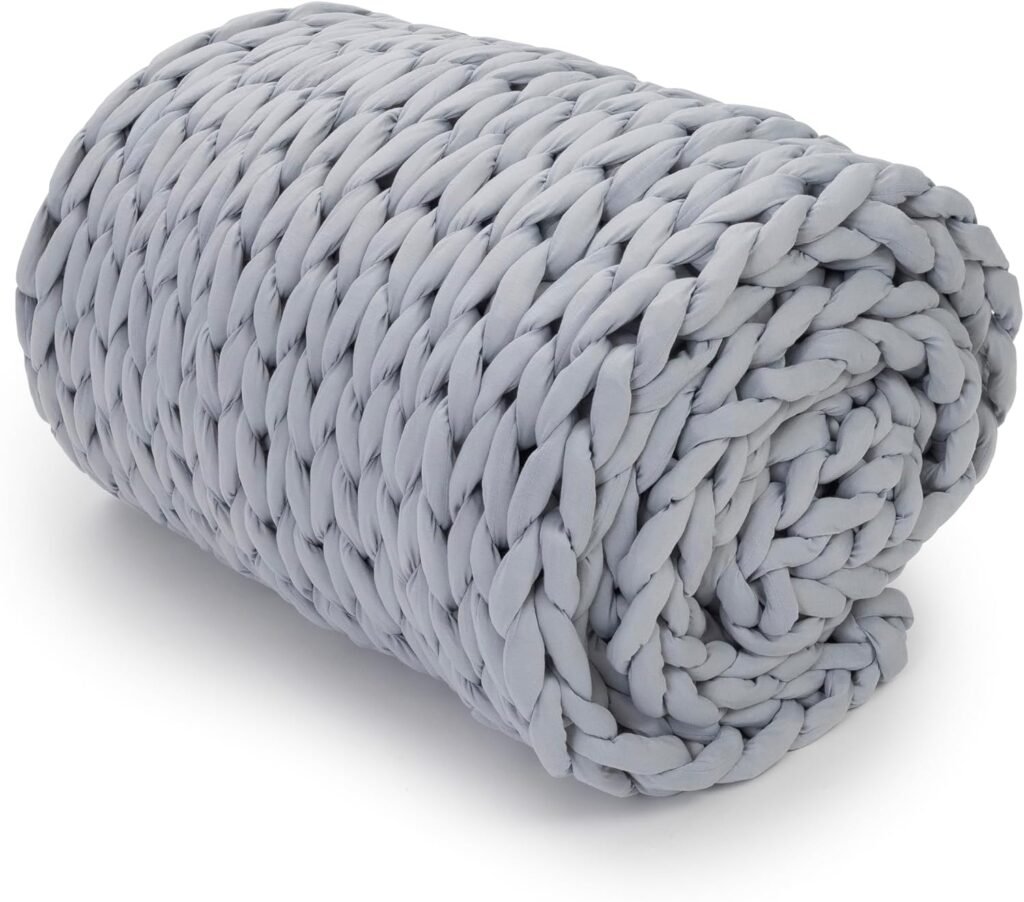 Nuzzie Chunky Knit Blanket - Breathable, Cooling, Hand Made Knit Throw Blanket for Sleep - Machine Washable, Stylish Decor Design - Light Grey, 22 lb Queen