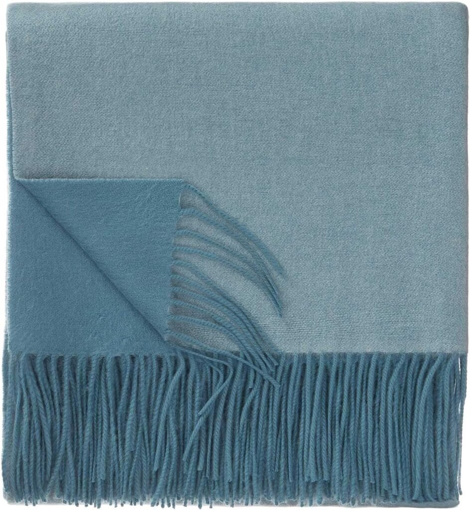 URBANARA Sontra Cashmere Wool Blanket - Winter Plaid 55 x 78 - 10% Cashmere  90% Wool with Fringes - Cozy and Warm Ideal as Throw for Sofa Couch Bed Living Room - Coral Blue