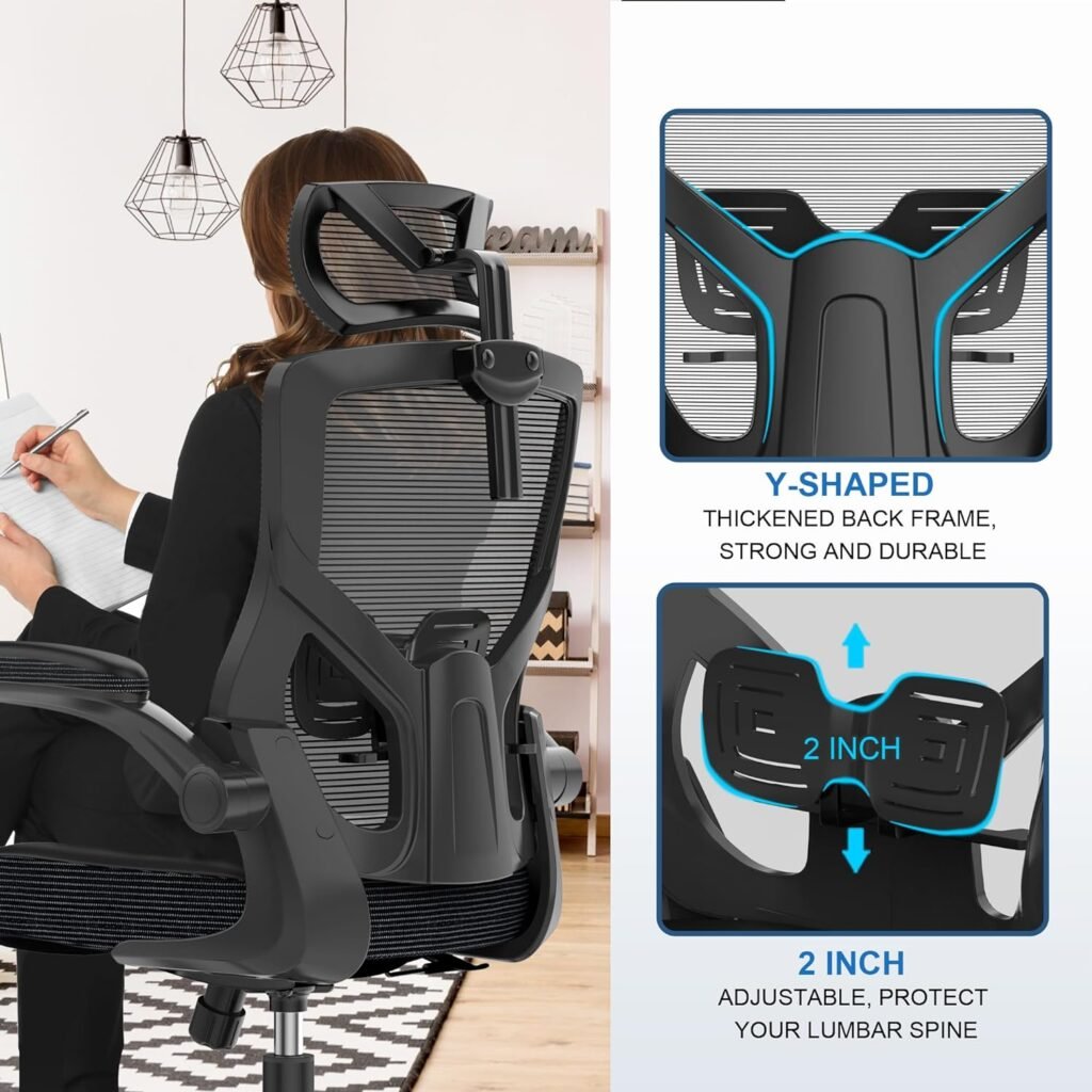 𝑯𝑶𝑴𝑬 𝑶𝑭𝑭𝑰𝑪𝑬 𝑪𝑯𝑨𝑰𝑹, Ergonomic Mesh Desk Chair, High Back Computer Chair- Adjustable Headrest with Flip-Up Arms, Lumbar Support, Swivel Executive Task Chair (Modern, Black)