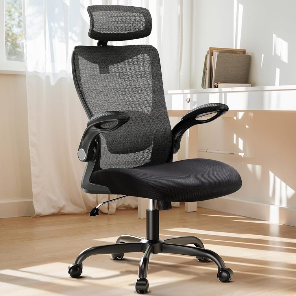 HUANUO Ergonomic Office Chair, High Back Desk Chair with Adjustable Lumbar Support  Headrest, Home Office Swivel Mesh Computer Chair Flip-Up Armrests, Executive Office Chair with Wheels