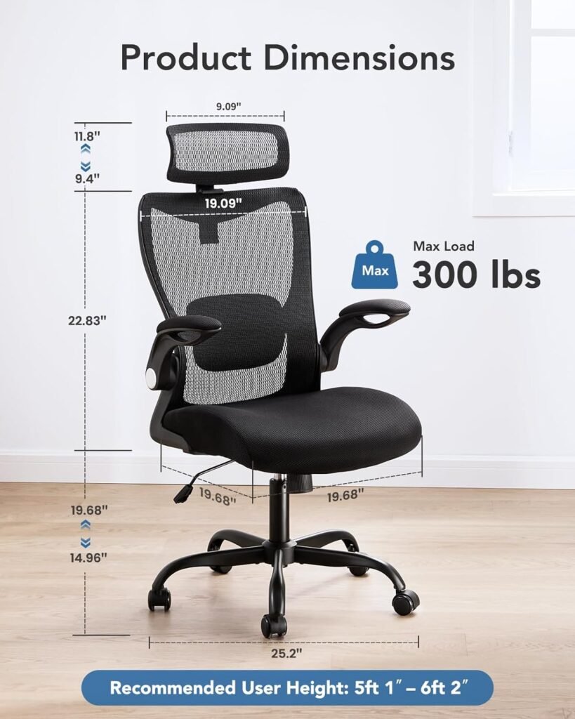 HUANUO Ergonomic Office Chair, High Back Desk Chair with Adjustable Lumbar Support  Headrest, Home Office Swivel Mesh Computer Chair Flip-Up Armrests, Executive Office Chair with Wheels