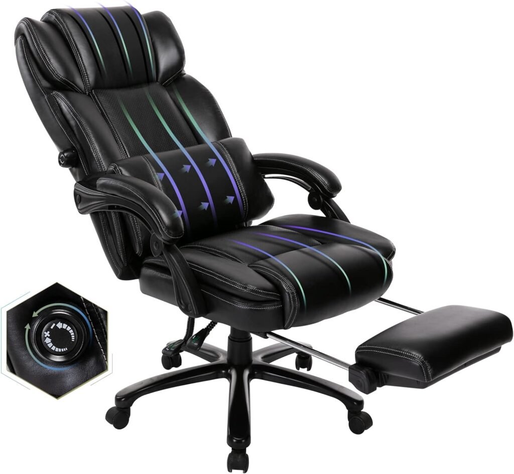 COLAMY Big and Tall Office Chair with Footrest-Ergonomic Office Chair with Adjustable Backrest, Lumbar Support Pillow, Executive Computer Desk Chair Thick Bonded Leather for Comfort, 350LBS, Black