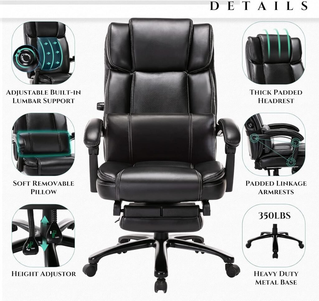 COLAMY Big and Tall Office Chair with Footrest-Ergonomic Office Chair with Adjustable Backrest, Lumbar Support Pillow, Executive Computer Desk Chair Thick Bonded Leather for Comfort, 350LBS, Black