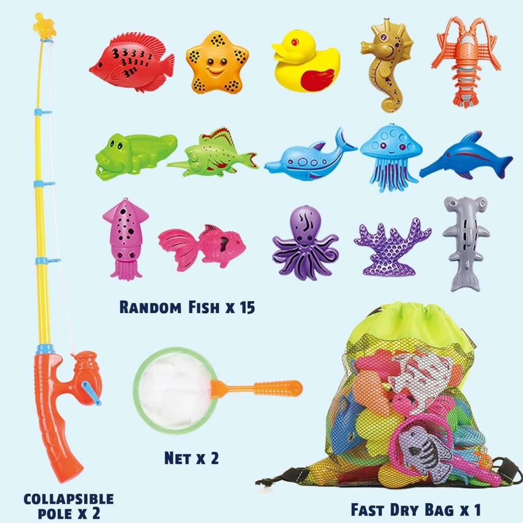 CozyBomB™ Magnetic Fishing Pool Toys Game for Kids - Water Table Bathtub Kiddie Party Toy with Pole Rod Net Plastic Floating Fish Toddler Color Ocean Sea Animals Gifts Age 3 4 5 6 Year Old