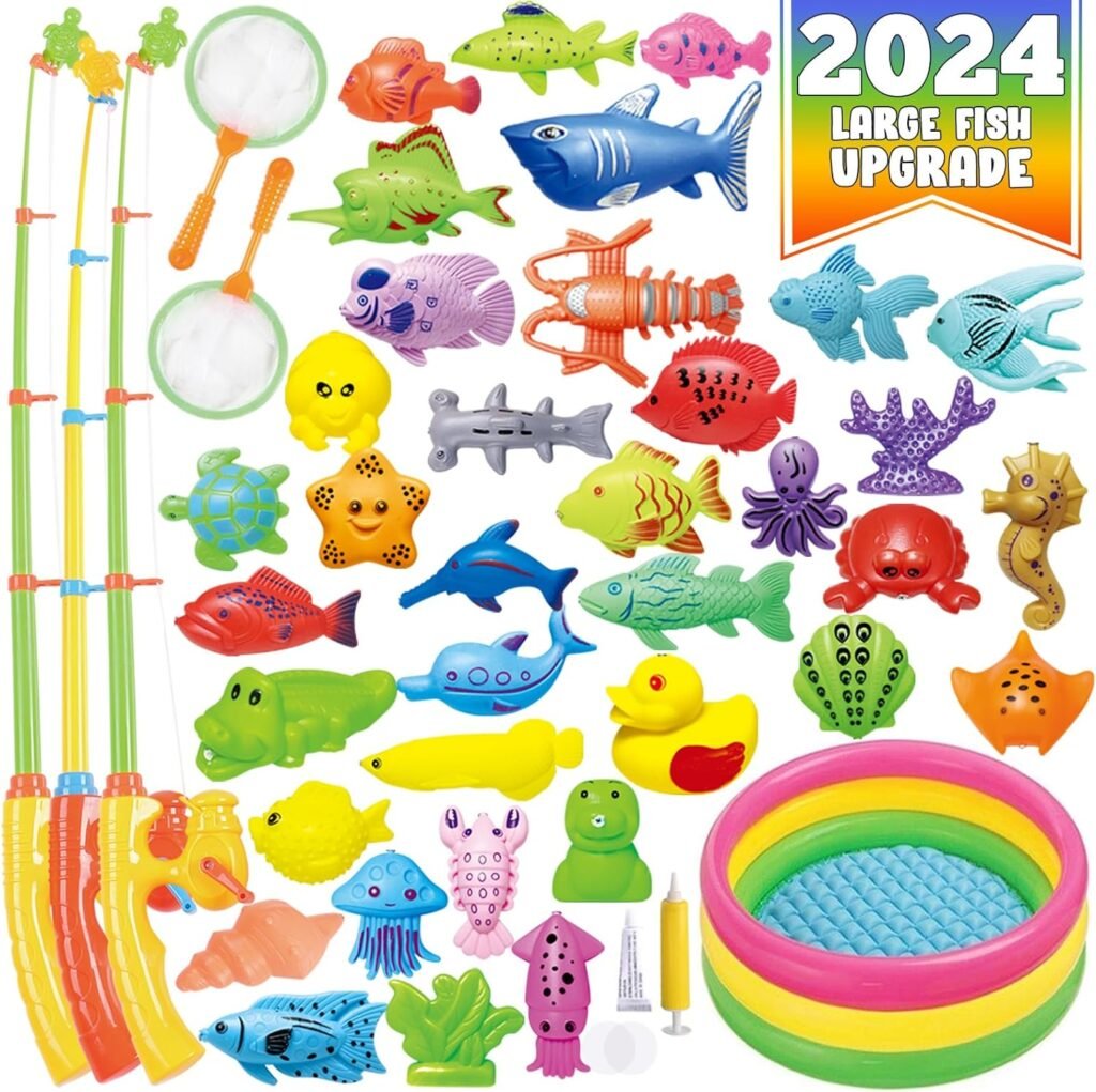 CozyBomB™ Magnetic Fishing Pool Toys Game for Kids - Water Table Bathtub Kiddie Party Toy with Pole Rod Net Plastic Floating Fish Toddler Color Ocean Sea Animals Gifts Age 3 4 5 6 Year Old