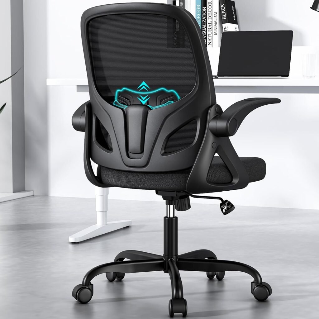 Kensaker Office Desk Chair with Lumbar Support Ergonomic Mesh Office Chair with Wheels and Flip-up Armrests Adjustable Height Swivel Computer Chair for Home and Office (Black)