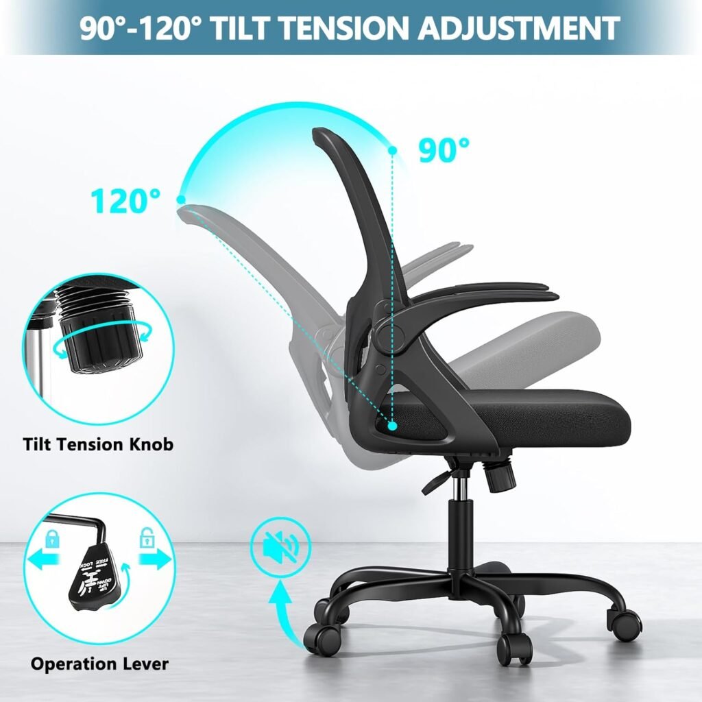 Kensaker Office Desk Chair with Lumbar Support Ergonomic Mesh Office Chair with Wheels and Flip-up Armrests Adjustable Height Swivel Computer Chair for Home and Office (Black)