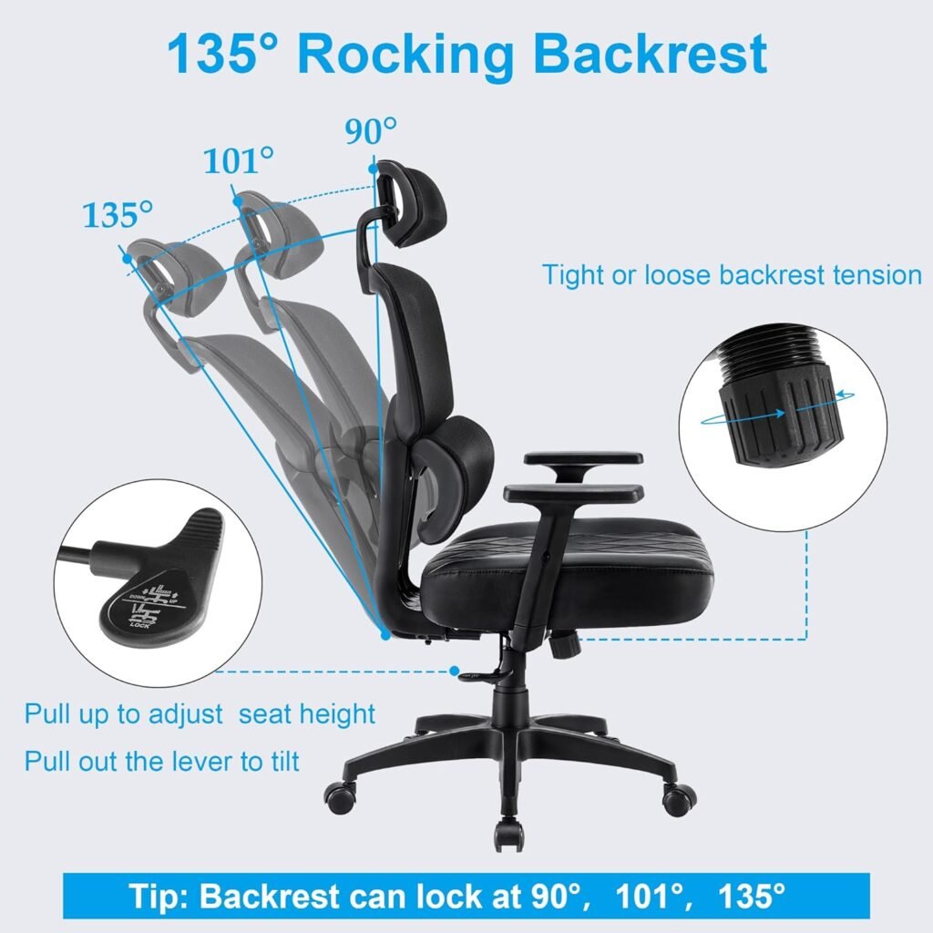 VECELO Swivel Ergonomic High Back Mesh Office Chair with Adjustable Headrest Armrest, Backrest Tilt Function, Lumbar Support for Executive/Computer Desk/Task Work, Black