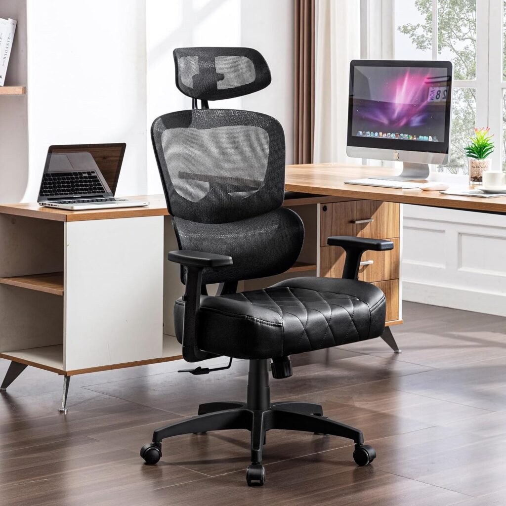 VECELO Swivel Ergonomic High Back Mesh Office Chair with Adjustable Headrest Armrest, Backrest Tilt Function, Lumbar Support for Executive/Computer Desk/Task Work, Black