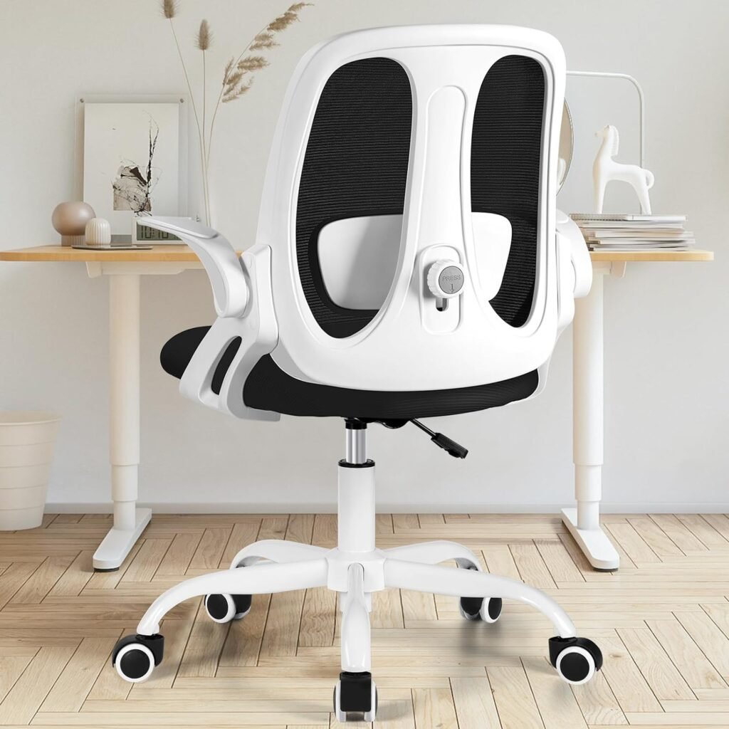 Office Chair, Ergonomic Computer Desk Chair with Lumbar Support, Breathable Mesh Rolling Swivel Task Chair with Flip-up Armrest and Adjustable Height for Home Office - White