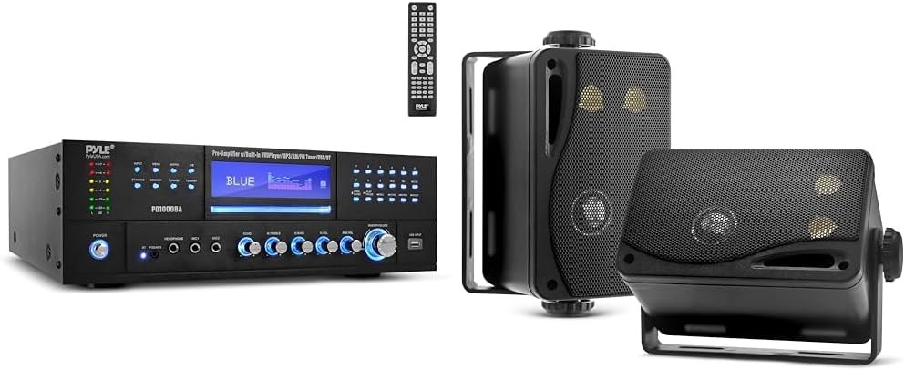 Pyle 4-Channel Wireless Bluetooth Power Amplifier - 1000W Stereo Speaker Home Audio Receiver w/FM Radio, USB, Headphone, 2 Microphone w/Echo, Front Loading CD DVD Player, LED, Rack Mount, Black