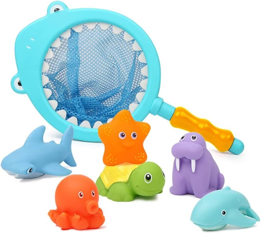 Bath Toy, Water Spraying Discoloration Floating Animals, Bathroom Pool Accessory, Shark Fishing Play Set for Babies and Kids