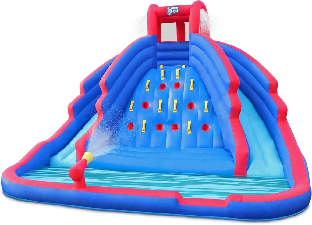 Sunny  Fun Ultra Climber Inflatable Water Slide Park – Heavy-Duty for Outdoor Fun - Climbing Wall, Two Slides  Splash Pool – Easy to Set Up  Inflate with Included Air Pump  Carrying Case