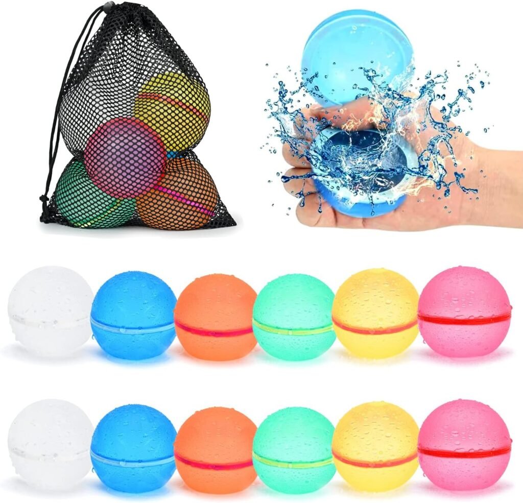 98K Reusable Water Balloons 12Pcs with Mesh Bag, Self Sealing Silicone Ball Latex-Free, No Clean Hassle, Easy to Fill, Summer Toys Water Toy Swimming Pool Beach Park Yard Outdoor Games Party Supplies