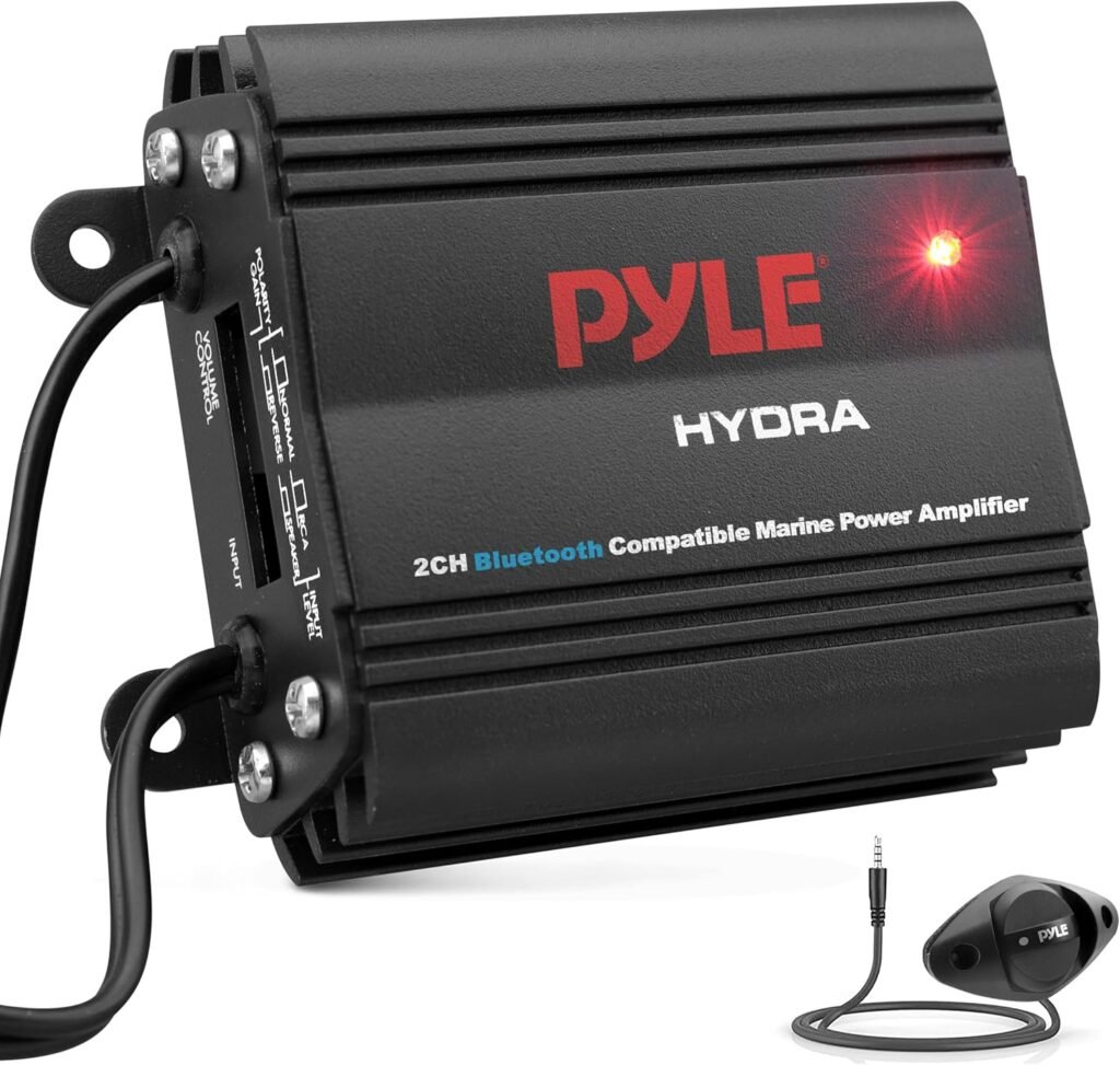 Pyle Auto 2-Channel Marine Amplifier - 200 Watt RMS 4 OHM Full Range Stereo with Wireless Bluetooth  Powerful Prime Speaker - High Crossover HD Music Audio Multi Channel System PLMRMB2CB, Black