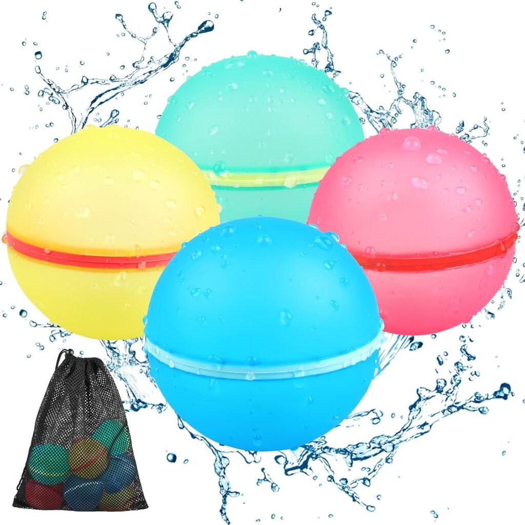 Reusable Water Balloons Refillable Water Bomb, Soft Silicone Water Balls with Mesh Bag, Quick Fill  Self-Sealing Water Balloons for Water Fight Games, Outdoor Water Toys for Kids Adults,4pcs