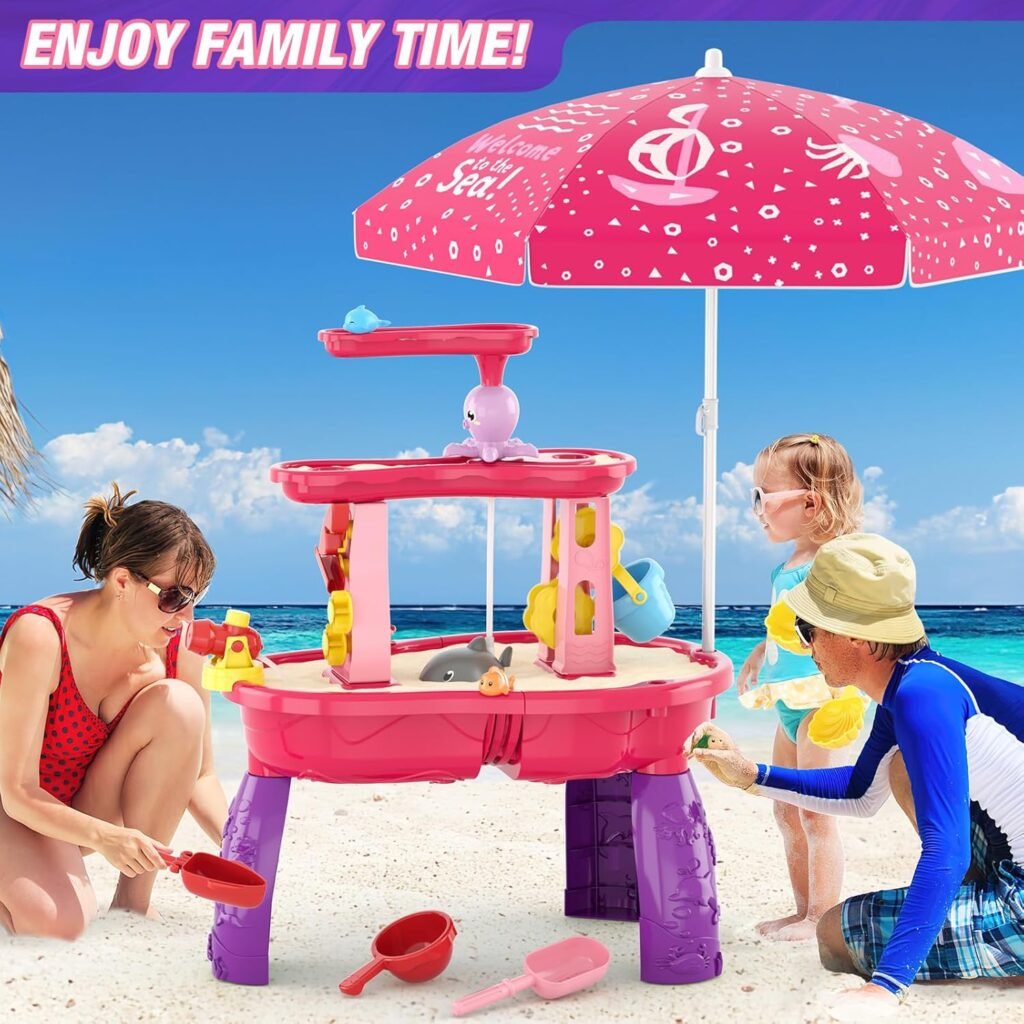 Water Table for Toddlers 3-5 with Umbrella/Water Pumb/Water Table Cover, 3-Tier Kids Sand Water Table, Rain Showers Splash Pond for Outdoor Beach, Activity Sensory Play Table for Girls, Pink