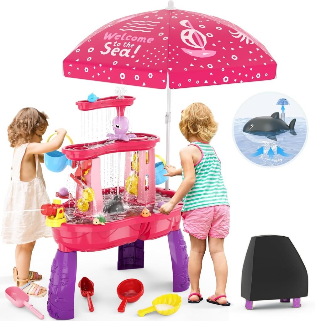 Water Table for Toddlers 3-5 with Umbrella/Water Pumb/Water Table Cover, 3-Tier Kids Sand Water Table, Rain Showers Splash Pond for Outdoor Beach, Activity Sensory Play Table for Girls, Pink