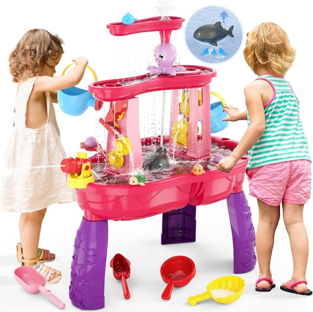 Water Table for Toddlers 3-5 with Umbrella/Water Pumb/Water Table Cover, 3-Tier Kids Sand Water Table, Rain Showers Splash Pond for Outdoor Beach, Activity Sensory Play Table for Girls, Pink