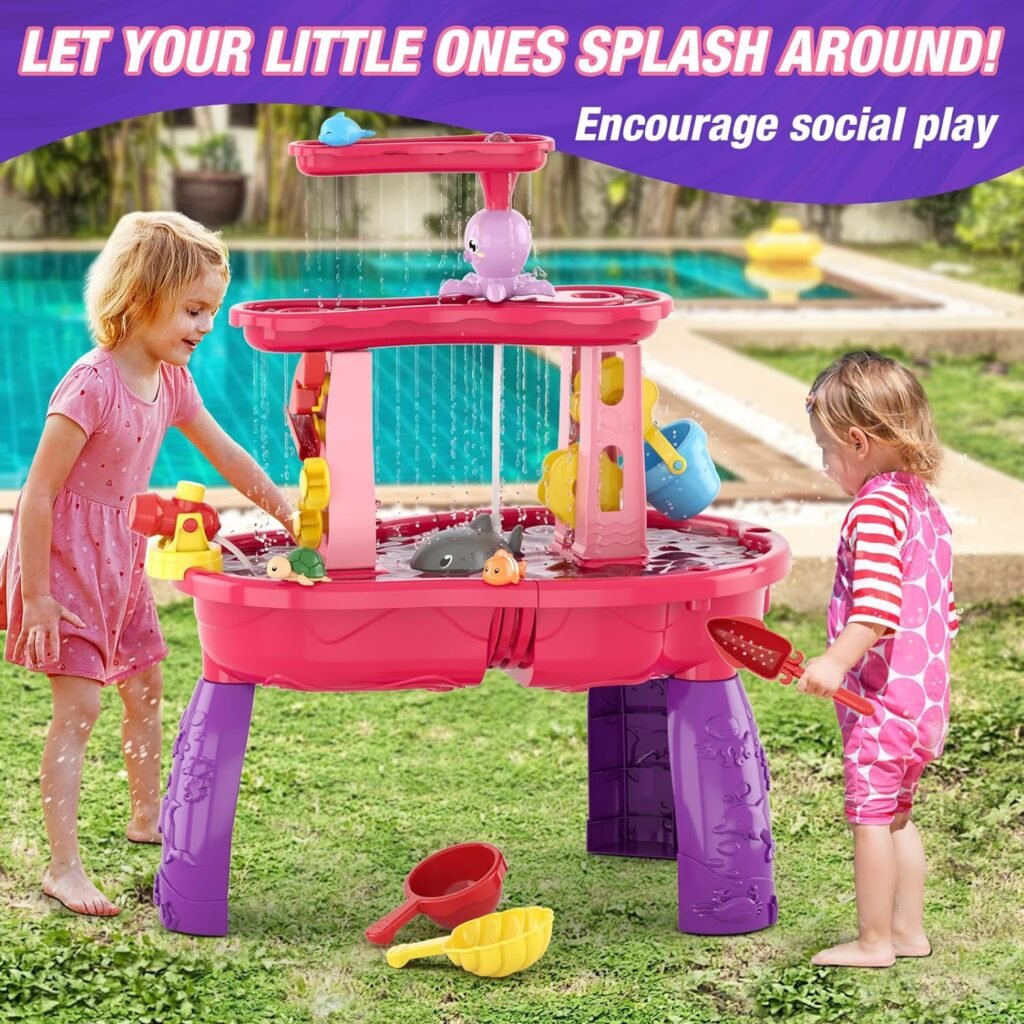 Water Table for Toddlers 3-5 with Umbrella/Water Pumb/Water Table Cover, 3-Tier Kids Sand Water Table, Rain Showers Splash Pond for Outdoor Beach, Activity Sensory Play Table for Girls, Pink